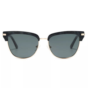 Classic Clubmaster Sunglasses With Gold Accents in Black, close-up detail