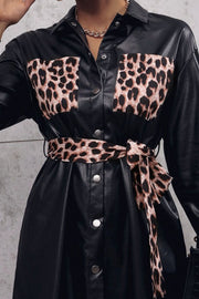Black faux leather shirt dress with leopard print pockets and belt