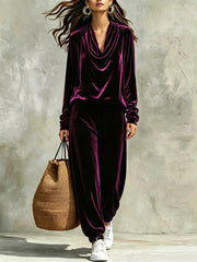 Cowl Neck Top And Joggers Set in Black, fit detail