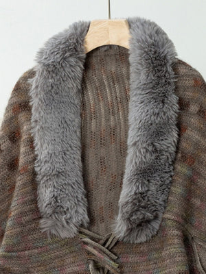 Textured plaid acrylic poncho with a plush faux fur collar in brown tones.
