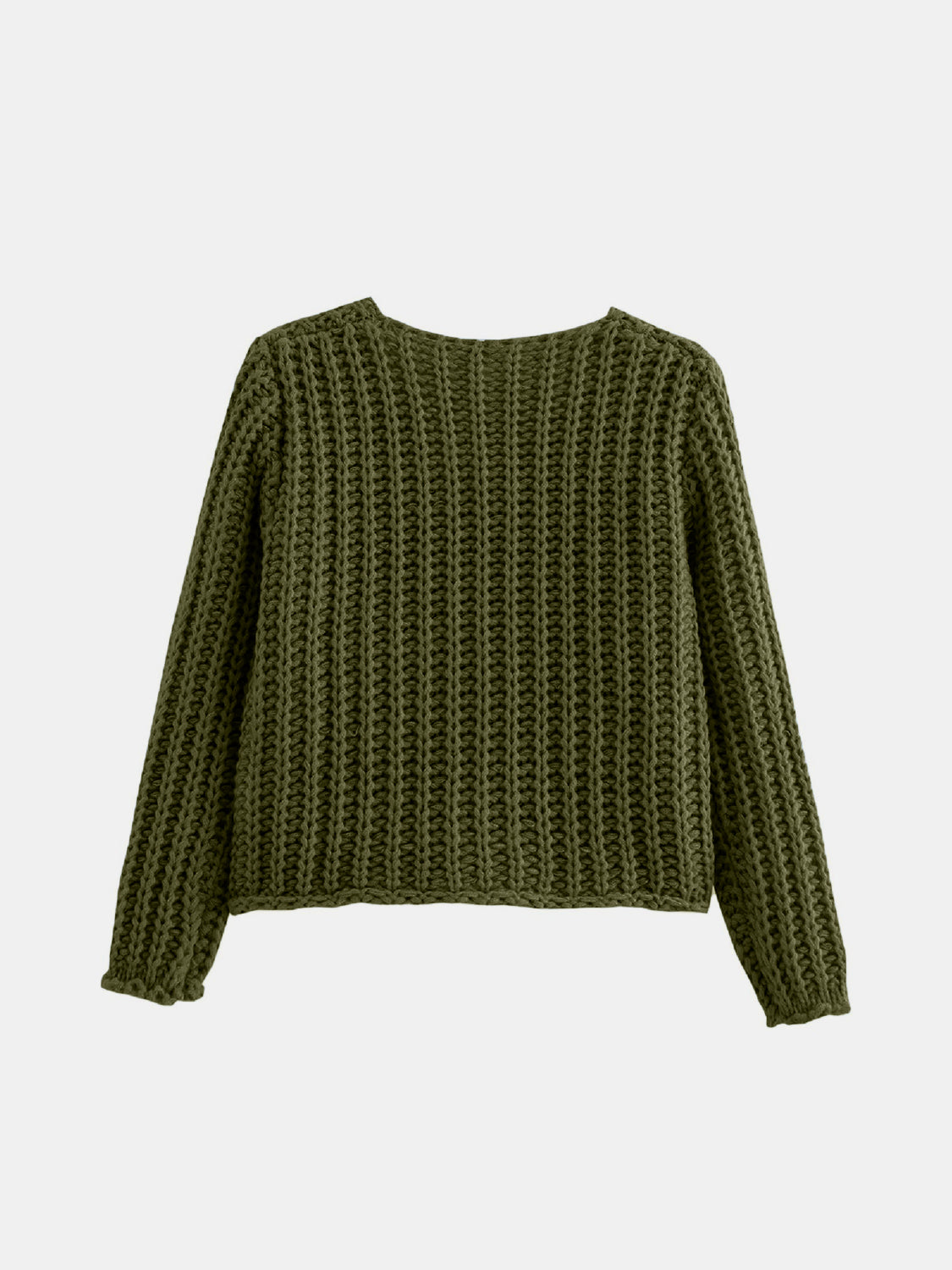Army green chunky knit cardigan with long sleeves and ribbed cuffs.