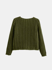 Army green chunky knit cardigan with long sleeves and ribbed cuffs.