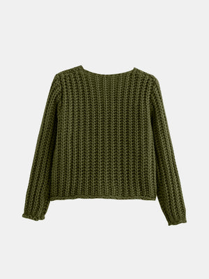 Army green chunky knit cardigan with long sleeves and ribbed cuffs.