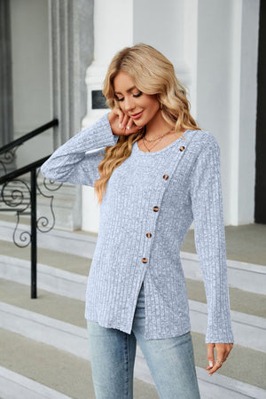 Light Blue ribbed tunic top with asymmetric hem and button detail.