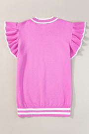 Fuchsia pink knit top with ruffled short sleeves and contrast white trim at neckline and hem.