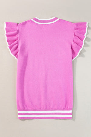 Fuchsia pink knit top with ruffled short sleeves and contrast white trim at neckline and hem.