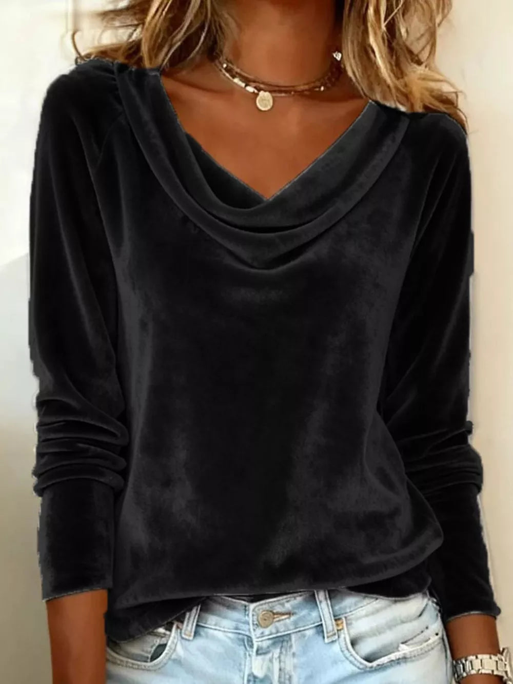 Black velvet cowl neck t-shirt with long sleeves and a casual fit.
