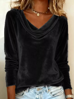 Black velvet cowl neck t-shirt with long sleeves and a casual fit.