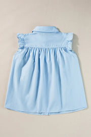 Light blue poplin ruffled yoke sleeveless blouse with gathered detail.