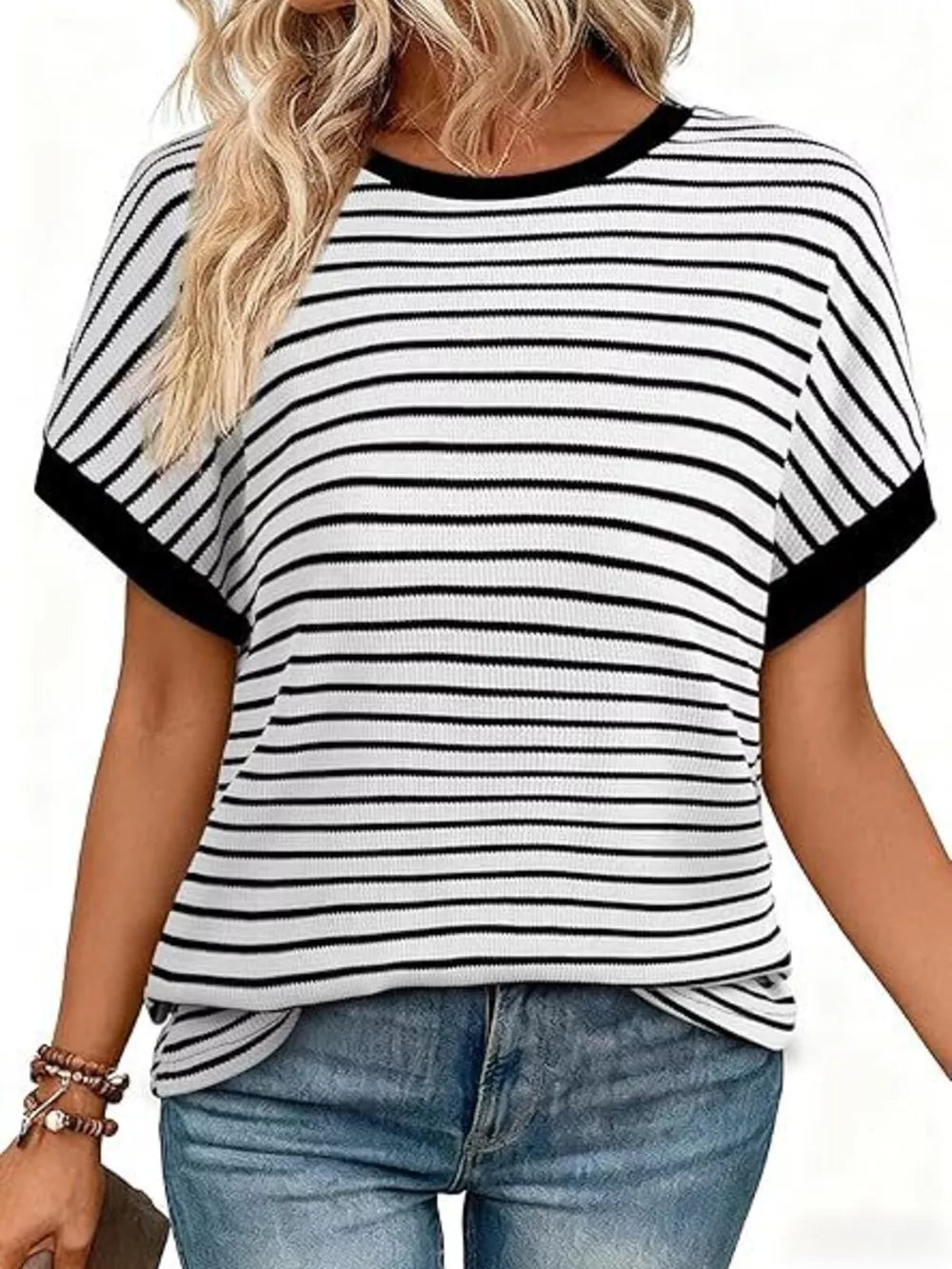 Classic Striped Crew Neck T-shirt in Dark Gray, close-up detail