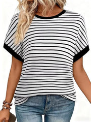 Classic Striped Crew Neck T-shirt in Dark Gray, close-up detail