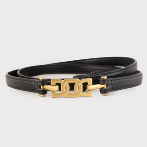Black leather belt with brushed gold chain-link buckle