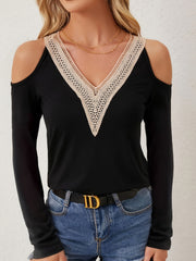 Black cold shoulder knit top with lace inset V-neck and long sleeves