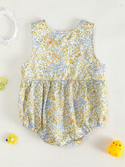 Baby girls' sleeveless bubble romper with a yellow, blue, and orange floral print.