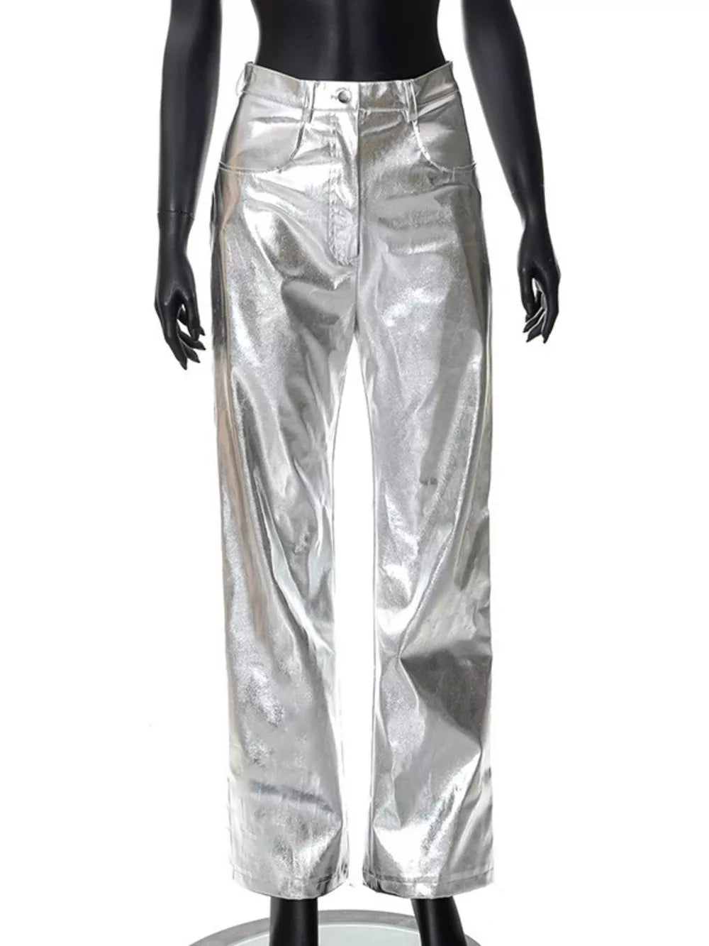 High-waisted Straight Leg Pants in Silver, close-up detail
