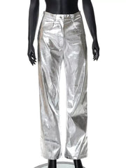 High-waisted Straight Leg Pants in Silver, close-up detail