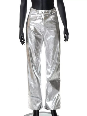 High-waisted Straight Leg Pants in Silver, close-up detail
