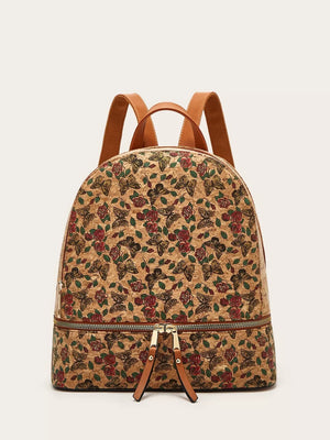 Medium camel backpack with rose and butterfly print, adjustable straps, and dual zippers.