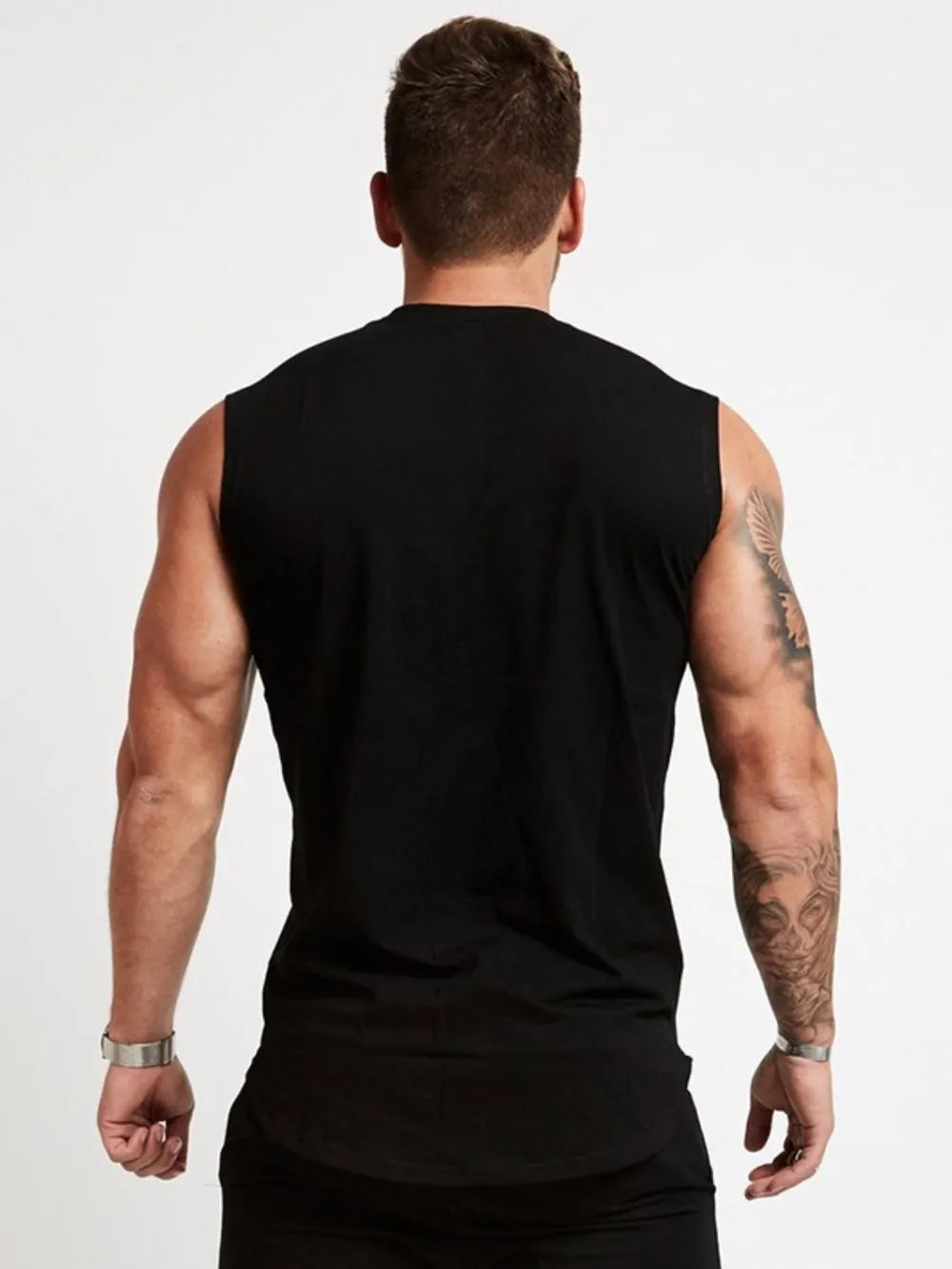 Black graphic muscle tank top with a crew neck and sleeveless design.