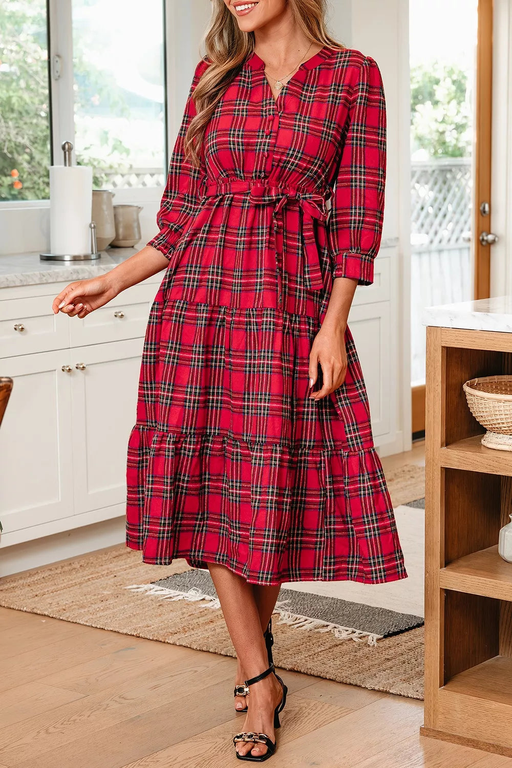 Christmas Plaid V Neck Tie Waist Midi Dress in Deep Red, side view