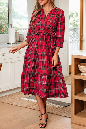 Christmas Plaid V Neck Tie Waist Midi Dress in Deep Red, side view