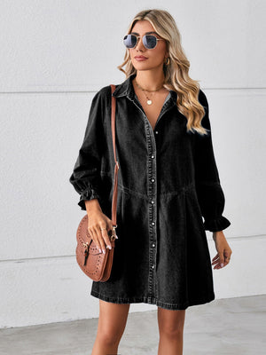 Black denim shirtdress with ruffled cuff sleeves and button front