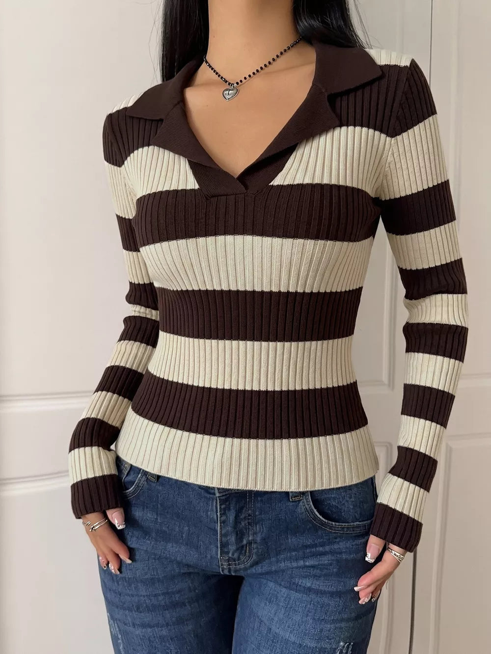 Striped Ribbed Knit Long Sleeve Sweater in Coffee Brown, side view