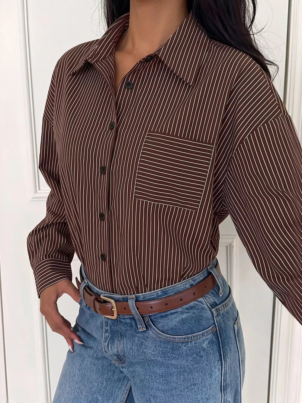 Striped Button-up Bodysuit in Brown, front view
