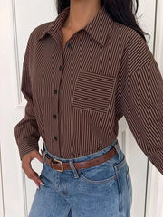 Striped Button-up Bodysuit in Brown, front view