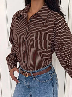 Striped Button-up Bodysuit in Brown, front view