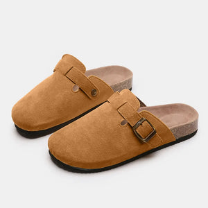 Camel suede clog slides with adjustable buckle and cork sole