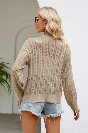 Khaki openwork knit button-down cardigan with long sleeves and a relaxed fit.