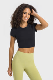 Black ribbed crewneck crop top with short sleeves.