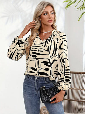 Women's cream abstract scribble print blouson sleeve top with V-neck