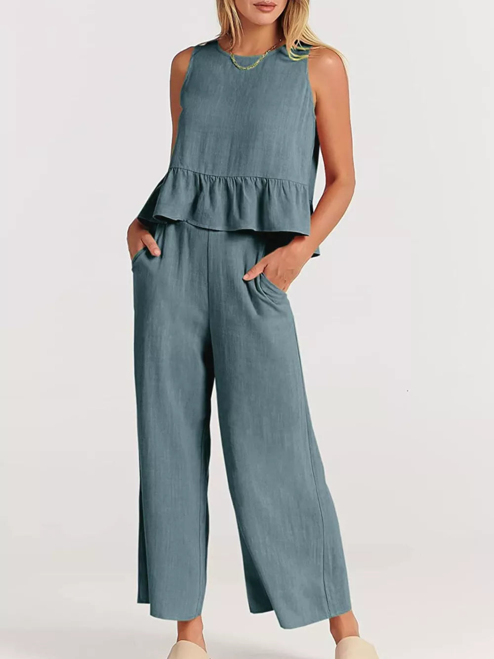 Ruffled Hem Sleeveless Top And Wide-leg Pants Set Plus Size in Black, model styling view