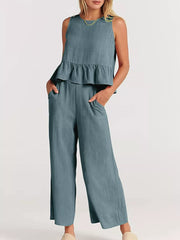 Ruffled Hem Sleeveless Top And Wide-leg Pants Set Plus Size in Black, model styling view