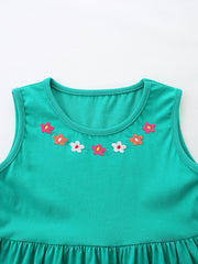 Teal sleeveless A-line dress for kids with embroidered flowers around the neckline.