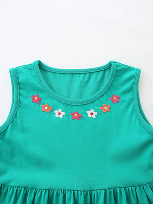 Teal sleeveless A-line dress for kids with embroidered flowers around the neckline.