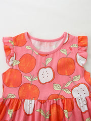Baby dress with playful apple print, ruffle sleeves, and pink cotton fabric.