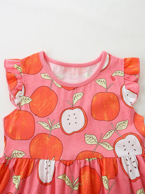 Baby dress with playful apple print, ruffle sleeves, and pink cotton fabric.