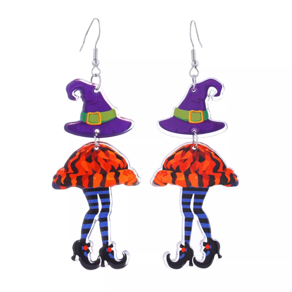 Witch hat and legs dangle earrings with purple hats and striped legs.