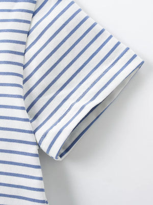 Baby blue and white striped cotton t-shirt with short sleeves.