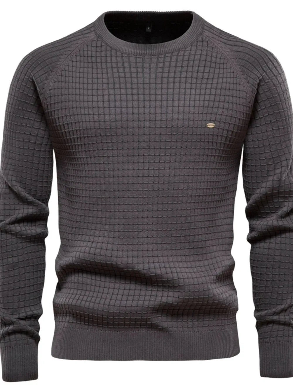 Dark Gray textured grid crewneck sweater with raglan sleeves and a small oval logo detail.