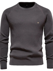 Dark Gray textured grid crewneck sweater with raglan sleeves and a small oval logo detail.