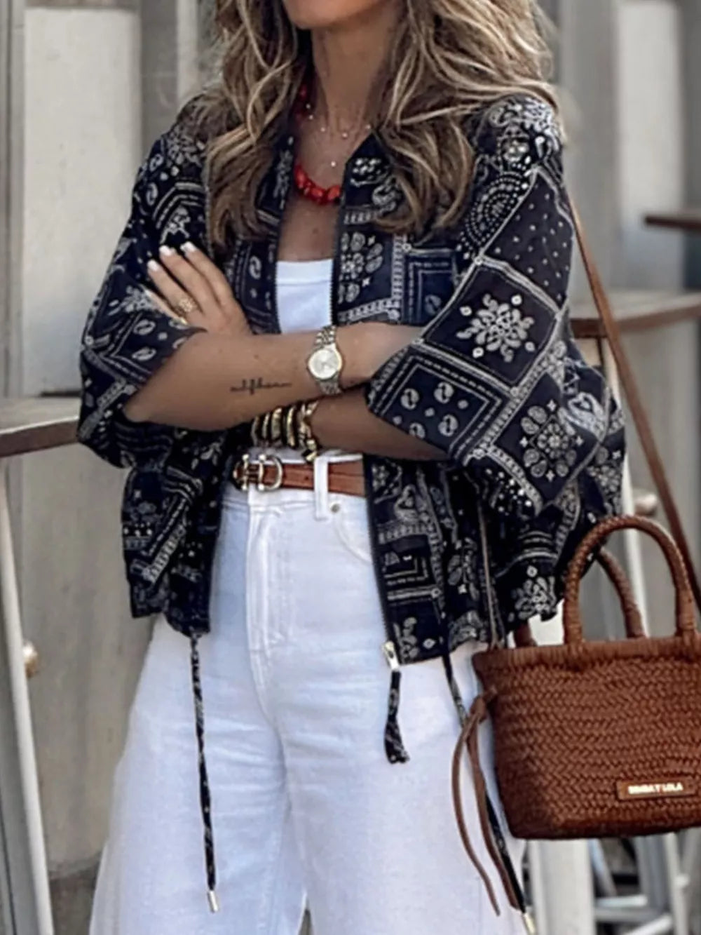 Printed Zip Up Jacket in Black, model styling view