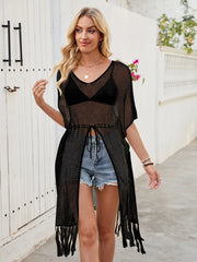 Black open-knit cover-up with drawstring waist and fringe hem