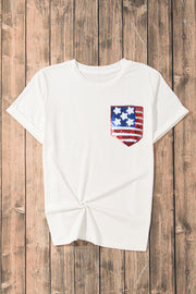 White cotton blend t-shirt with a sequined American flag pocket detail.