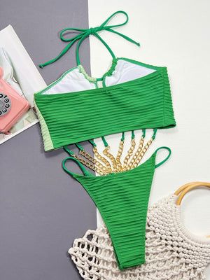 Green textured halter swimsuit with gold chain detail
