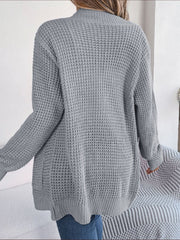 Charcoal textured knit open-front cocoon cardigan with ribbed cuffs and hem.