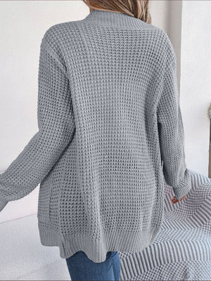 Charcoal textured knit open-front cocoon cardigan with ribbed cuffs and hem.